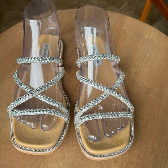 Steve Madden Spice Bling Slide Sandals Size 6 Rhinestone Silver Straps Shoes - Picture 1 of 10